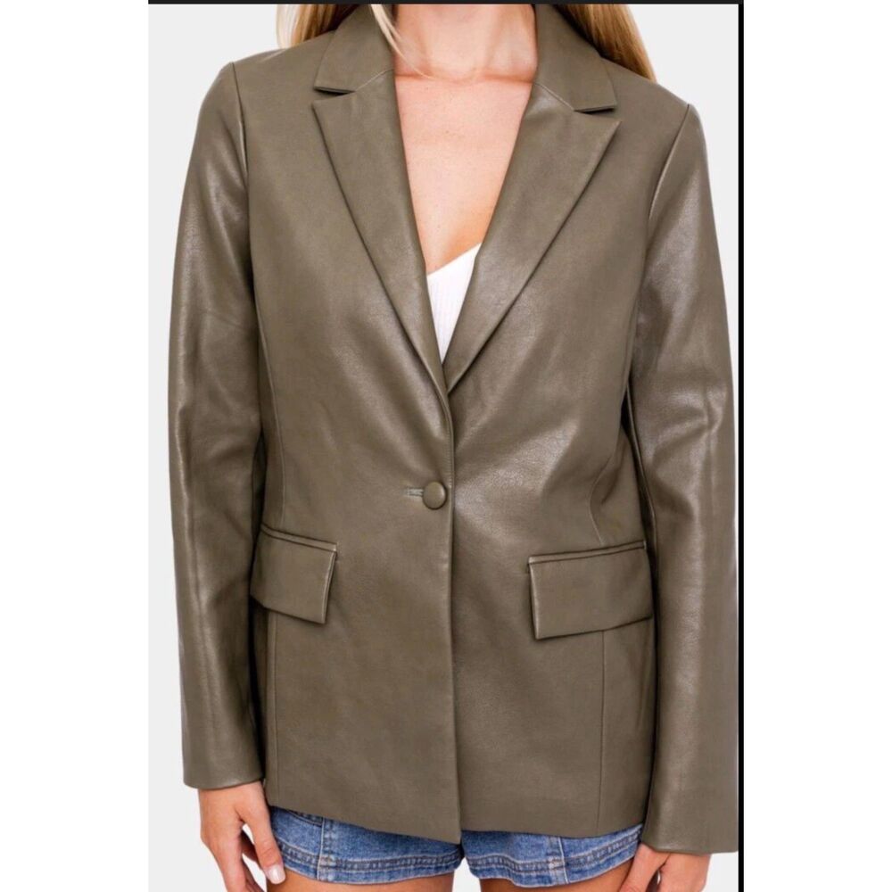 Le Lis Faux Leather Blazer Jacket Olive Green Size Small Chic Tailored